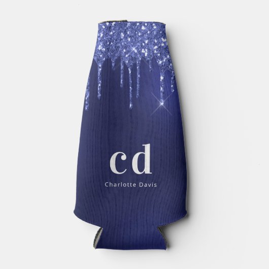 Navy-Blue-Glitzer-Tropfen Weißer nautischer Name Flaschenkühler (Vorderseite)