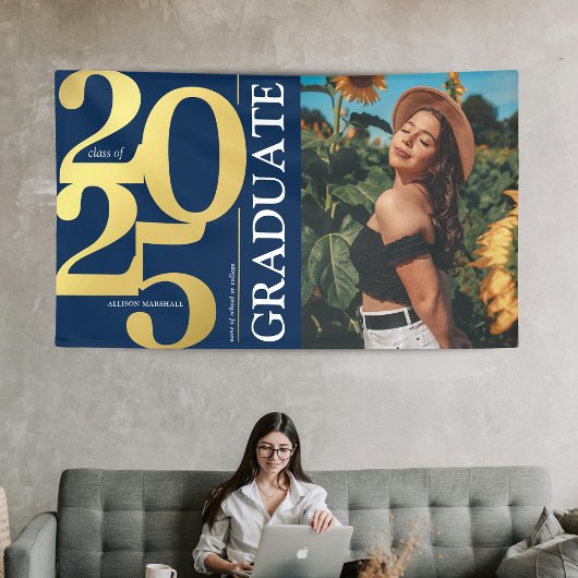 Navy Blue Gold 2025 Graduate Foto Abschluss Banner