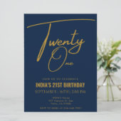 Navy Blue & Gold 21. Geburtstag Einladung (Stehend Vorderseite)