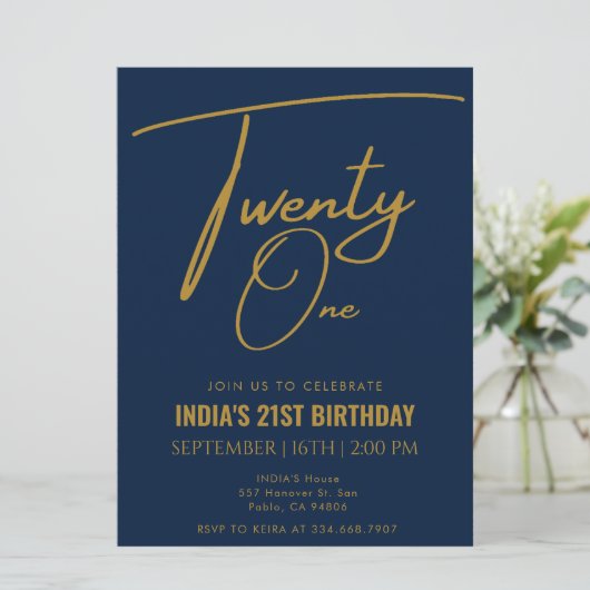 Navy Blue & Gold 21. Geburtstag Einladung (Stehend Vorderseite)
