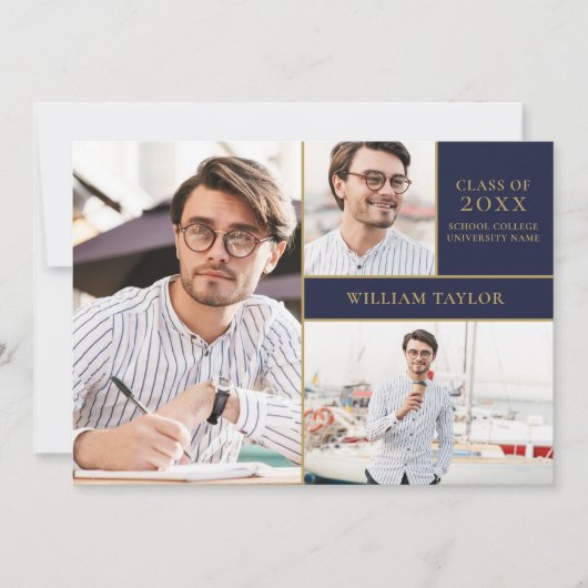 Navy Blue Gold 3 Foto Collage Graduation Party Einladung (Vorderseite)