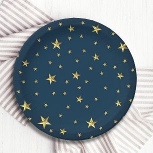 Navy Blue Gold 3D Stars Militärischer Stil Pappteller