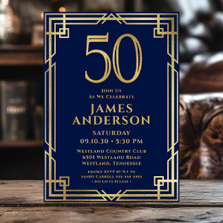 Navy Blue Gold 50. Geburtstag Foto Einladung