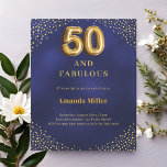 Navy blue gold 50th fabulous birthday invitation<br><div class="desc">A navy blue,  uneven colored background. Decorated with golden corners. Personalize and add a name and party details.  50 with a balloon style font. 

1 sheet = 1 invitation printed edge to edge.</div>