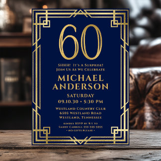 Navy Blue Gold 60. Geburtstag Foto Überraschung Pa Einladung