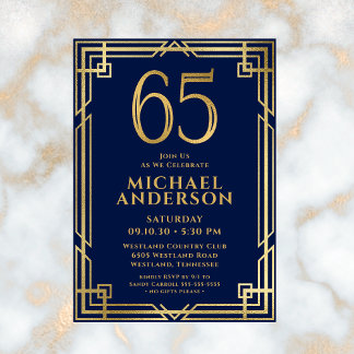 Navy Blue Gold 65. Geburtstag Foto Einladung