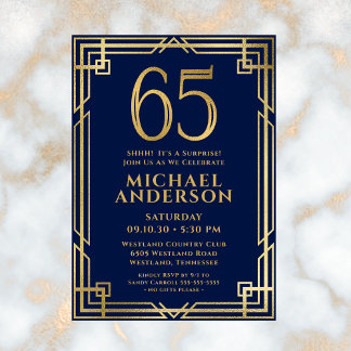 Navy Blue Gold 65. Geburtstag Foto Überraschung Pa Einladung