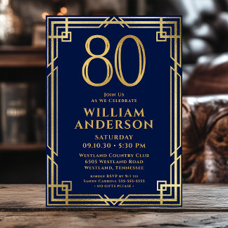 Navy Blue Gold 80. Geburtstag Foto Einladung