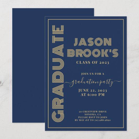 Navy Blue Gold Abschluss Einladung (Vorne/Hinten)