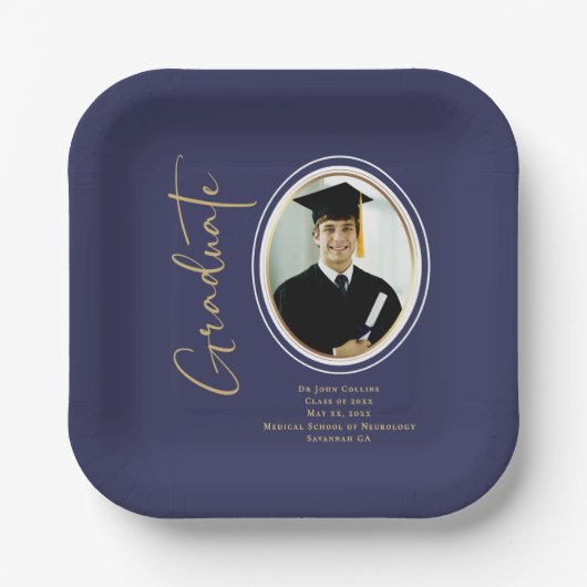 Navy Blue Gold Abschluss Script Minimales Foto Pappteller (Vorderseite)