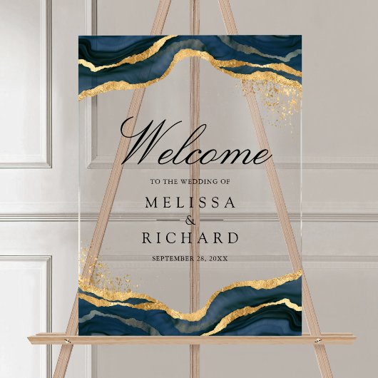 Navy Blue Gold Abstract Ink Wedding Welcome Acrylschild