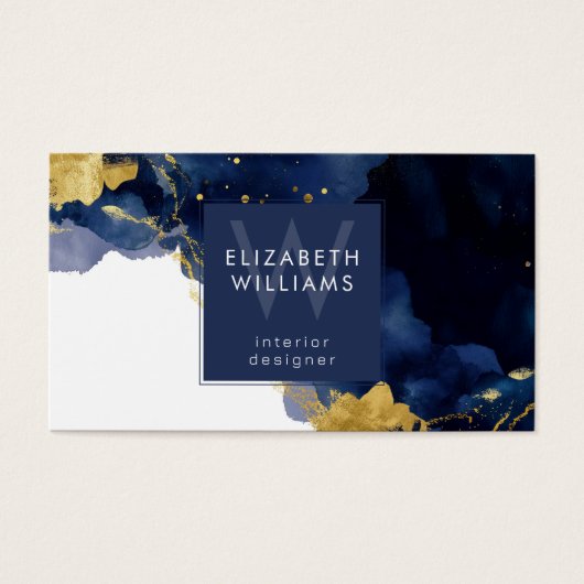 Navy Blue Gold Abstract Monogram Business Card (Vorderseite)