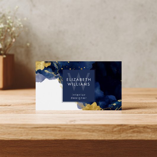 Navy Blue Gold Abstract Monogram Business Card