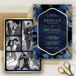 Navy Blue Gold Abstrakt Fluid Ink Foto Hochzeit Einladung