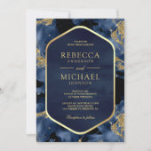 Navy Blue Gold Abstrakt Fluid Ink Foto Hochzeit Einladung (Vorderseite)