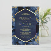 Navy Blue Gold Abstrakt Fluid Ink Foto Hochzeit Einladung (Stehend Vorderseite)