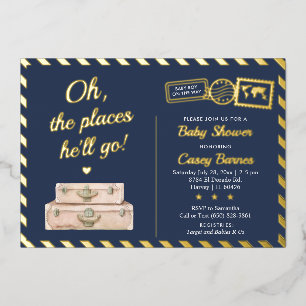 Navy Blue Gold Adventure Travel Baby Boy Dusche  Folieneinladung