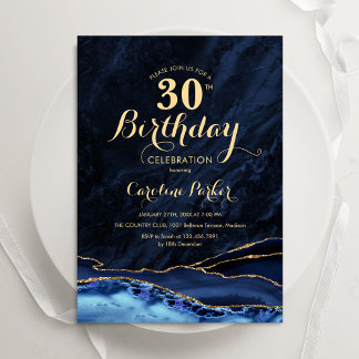Navy Blue Gold Agate 30. Geburtstag Einladung