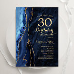 Navy Blue Gold Agate 30. Geburtstag Einladung<br><div class="desc">Marineblau und Goldmedaille gehen 30. Geburtstag Party Einladung. Elegantes modernes Design mit königsblauen Aquarellfarben,  marmorgeode Hintergrund,  Imitate Glitzer Gold und Typografie Drehbuch Schriftart. Die trendige Einladungskarte eignet sich perfekt für eine stilvolle Damenfeier. Gedruckte Zazzle Einladungen oder Sofortdownload digitalen druckbaren Vorlage.</div>