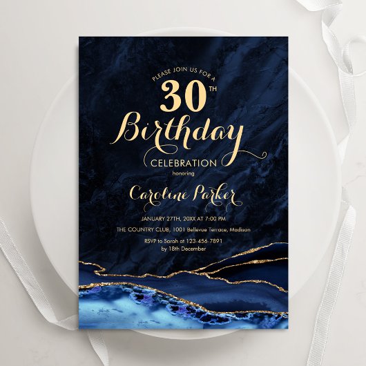 Navy Blue Gold Agate 30. Geburtstag Einladung