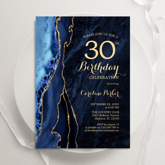Navy Blue Gold Agate 30. Geburtstag Einladung