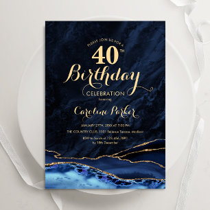 Navy Blue Gold Agate 40. Geburtstag Einladung