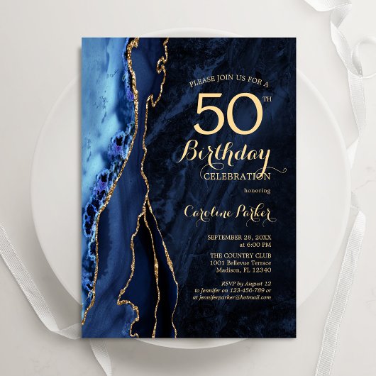 Navy Blue Gold Agate 50. Geburtstag Einladung