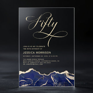 Navy Blue Gold Agate 50. Geburtstagsparty Acryleinladungen