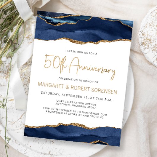 Navy Blue Gold Agate 50th Anniversary Invitation Postkarte