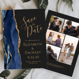 Navy Blue Gold Agate 5-Foto Dunkel Save The Date