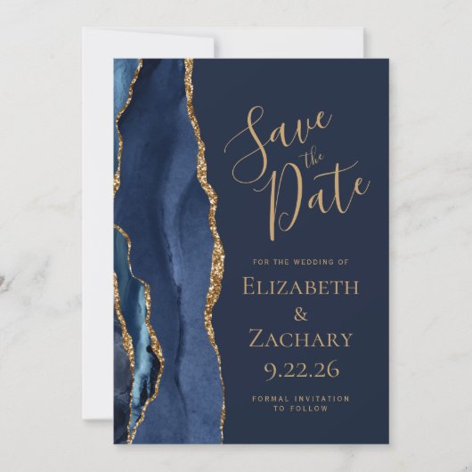 Navy Blue Gold Agate 5-Foto Save The Date (Vorderseite)