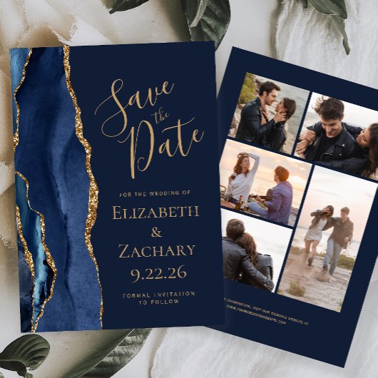 Navy Blue Gold Agate 5-Foto Save The Date