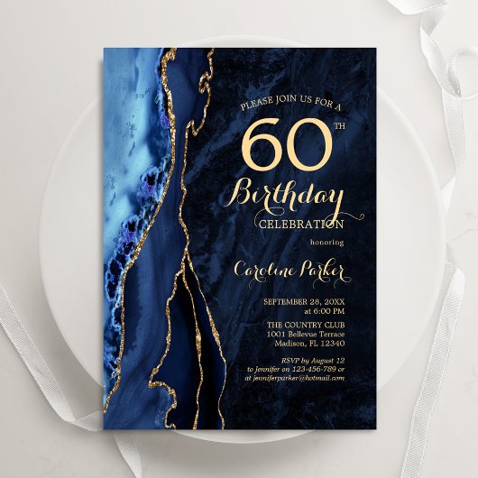 Navy Blue Gold Agate 60. Geburtstag Einladung