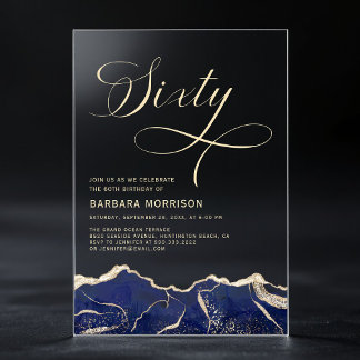 Navy Blue Gold Agate 60. Geburtstagsparty Acryleinladungen