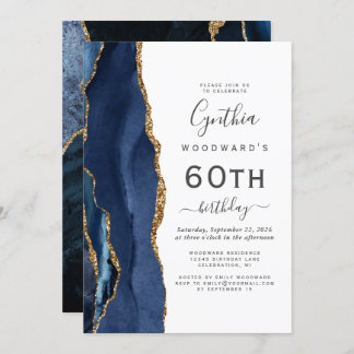 Navy Blue Gold Agate 60. Geburtstagsparty Einladung