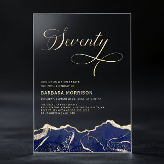 Navy Blue Gold Agate 70. Geburtstagsparty Acryleinladungen