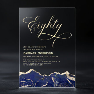 Navy Blue Gold Agate 80. Geburtstagsparty Acryleinladungen