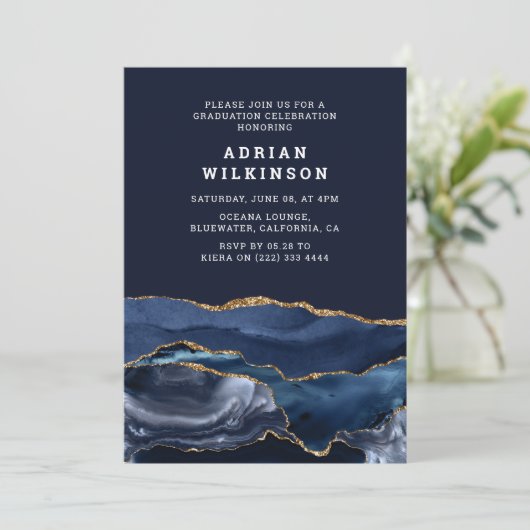 Navy Blue & Gold Agate Abschluss Einladung (Stehend Vorderseite)