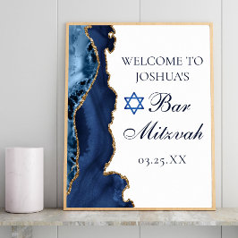 Navy Blue Gold Agate Bar Mitzvah Party Willkommen Poster