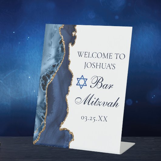 Navy Blue Gold Agate Bar Mitzvah Party Willkommen Sockelschild