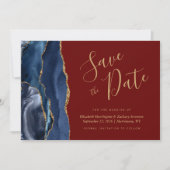 Navy Blue Gold Agate Burgundy Save the Date Einladung (Vorderseite)