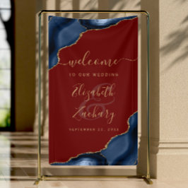Navy Blue Gold Agate Burgundy Wedding Welcome Banner