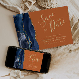 Navy Blue Gold Agate Burnt Orange Save the Date Einladung