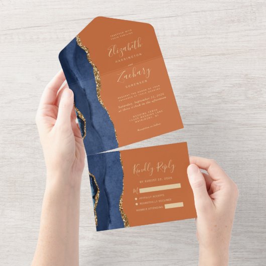 Navy Blue Gold Agate Burnt Orange Wedding All In One Einladung (Abreißen)