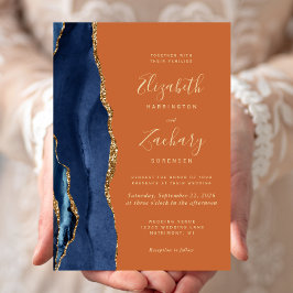 Navy Blue Gold Agate Burnt Orange Wedding Einladung