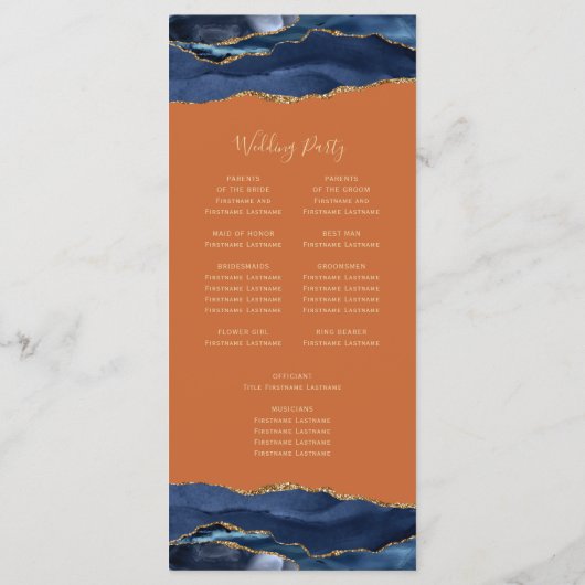 Navy Blue Gold Agate Burnt Orange Wedding Programm (Rückseite)
