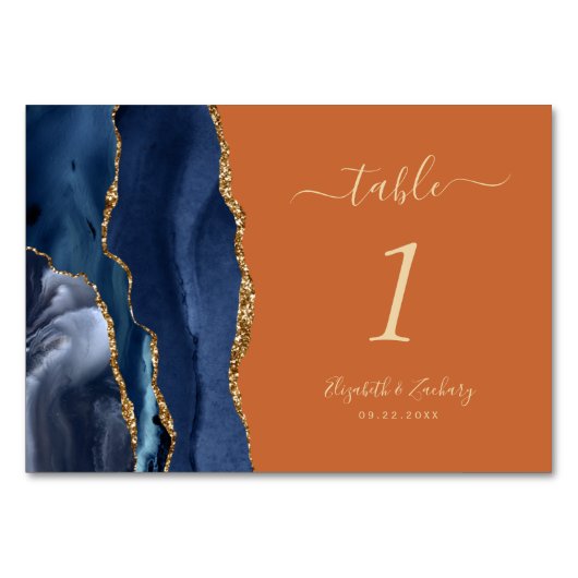Navy Blue Gold Agate Burnt Orange Wedding Tischnummer (Rückseite)