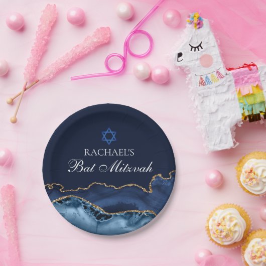 Navy Blue Gold Agate Custom Bat Mitzvah Party Pappteller (Party)