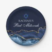 Navy Blue Gold Agate Custom Bat Mitzvah Party Pappteller (Vorderseite)