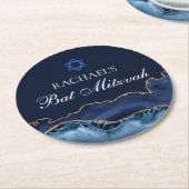 Navy Blue Gold Agate Custom Bat Mitzvah Party Runder Pappuntersetzer (Angewinkelt)
